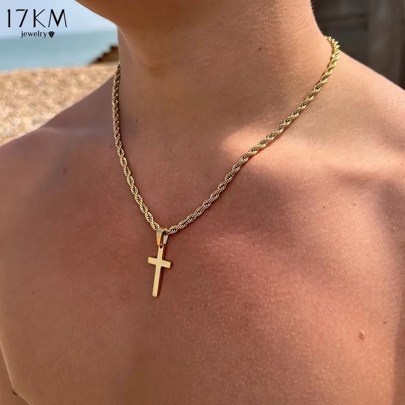 Unisex Stainless Steel Twisted Rope Chain Necklace with Cross Pendant