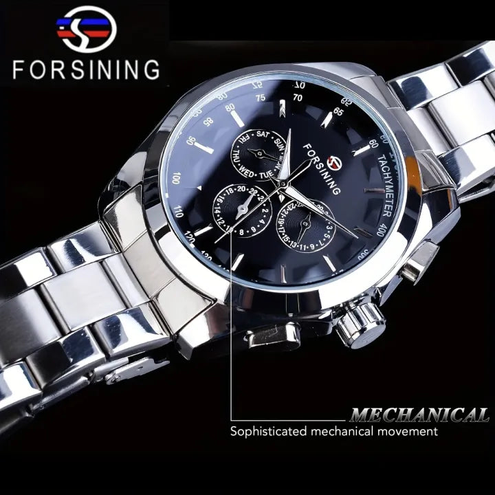 Forsining Black Mechanical Men’s Watch – Automatic Stainless Steel Sport Timepiece