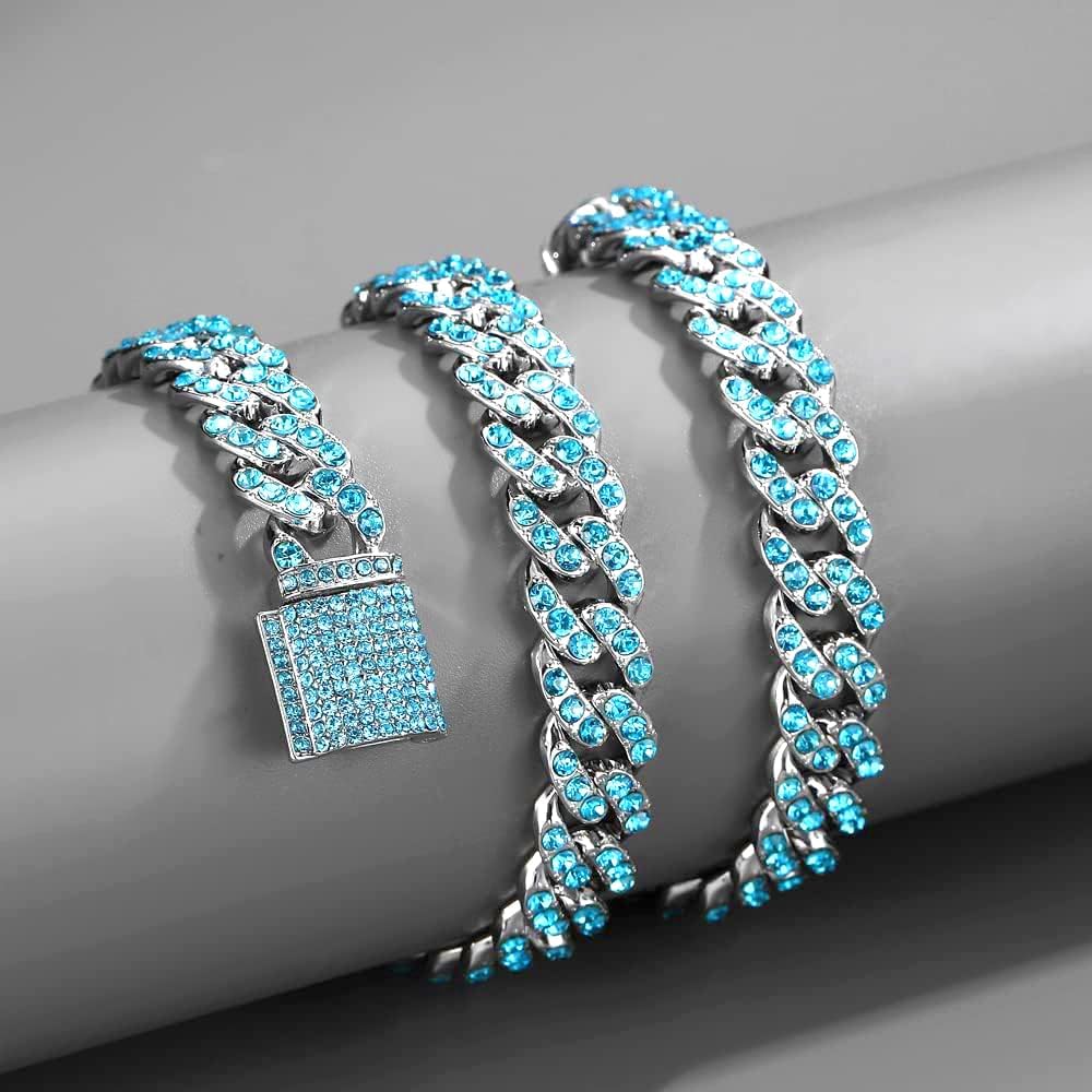 OWNCOOL 2 PCS Cuban Diamond Chain Necklace Bracelet Bling Iced Out Hip Hop Jewelry for Men