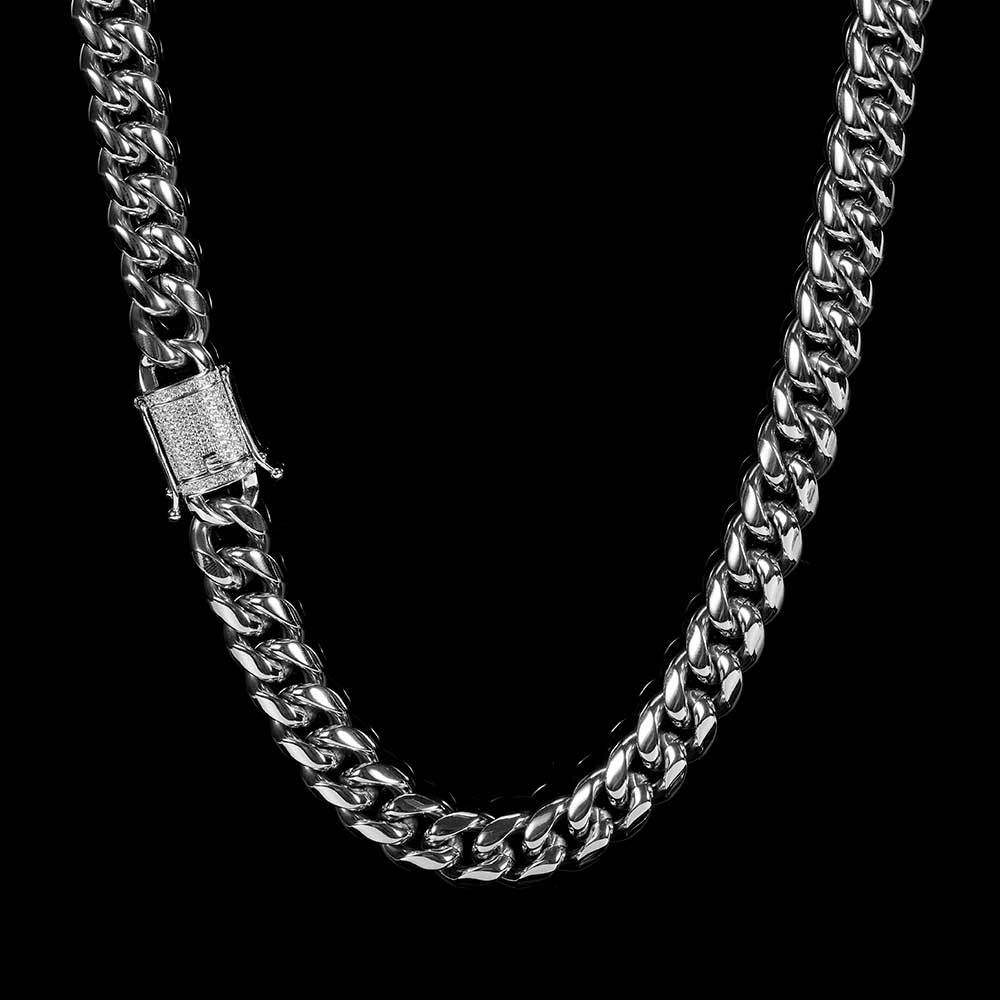 Men's 12mm Hip Hop Cuban Link Necklace & Bracelet Set – Diamond Clasp, Real Gold Plated Stainless Steel with Titanium Finish