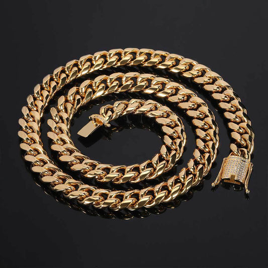 Men's 12mm Hip Hop Cuban Link Necklace & Bracelet Set – Diamond Clasp, Real Gold Plated Stainless Steel with Titanium Finish