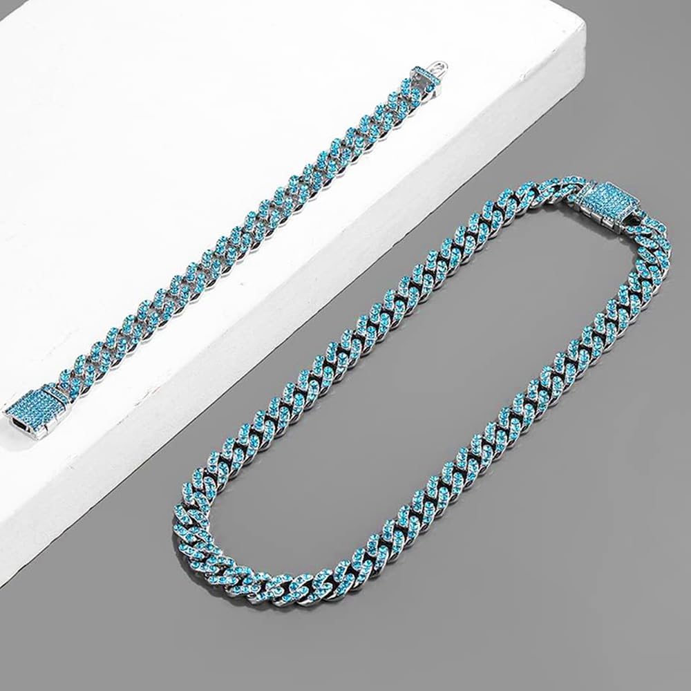 OWNCOOL 2 PCS Cuban Diamond Chain Necklace Bracelet Bling Iced Out Hip Hop Jewelry for Men
