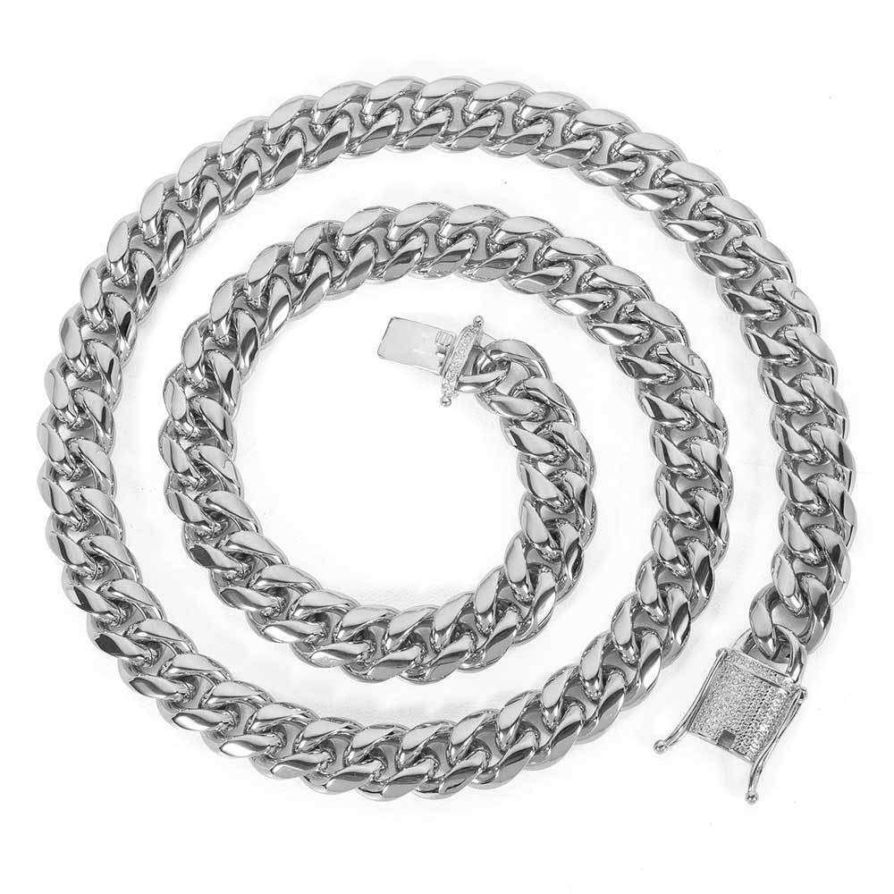 Men's 12mm Hip Hop Cuban Link Necklace & Bracelet Set – Diamond Clasp, Real Gold Plated Stainless Steel with Titanium Finish