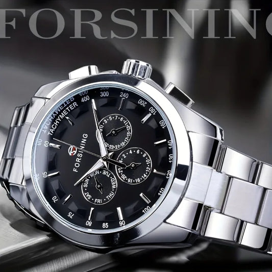 Forsining Black Mechanical Men’s Watch – Automatic Stainless Steel Sport Timepiece