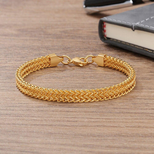 Vintage Double-Grain Chain Bracelet for Men – Gold Stainless Steel Classic Jewelry with Lobster Clasp