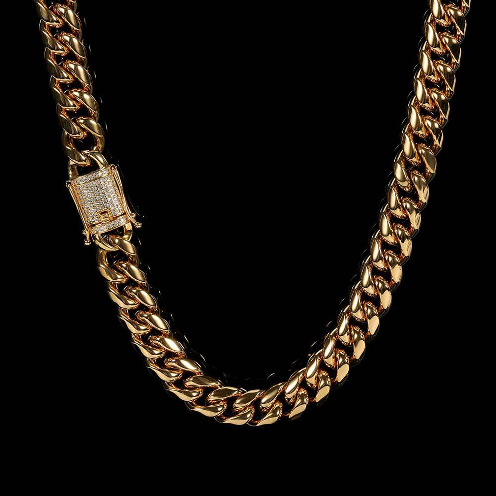 Men's 12mm Hip Hop Cuban Link Necklace & Bracelet Set – Diamond Clasp, Real Gold Plated Stainless Steel with Titanium Finish