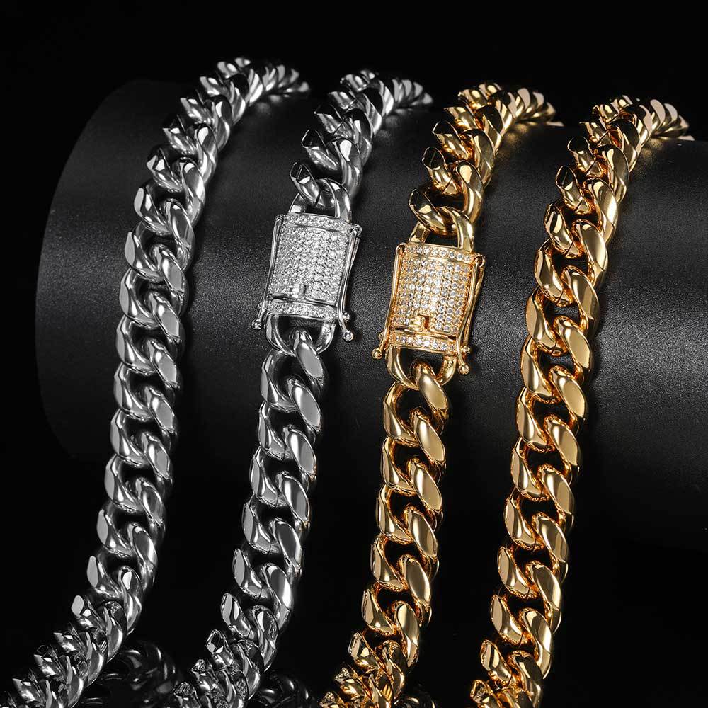 Men's 12mm Hip Hop Cuban Link Necklace & Bracelet Set – Diamond Clasp, Real Gold Plated Stainless Steel with Titanium Finish